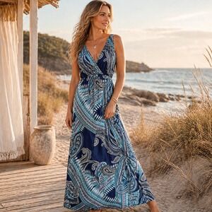 Y2K Blue Paisley Maxi Dress Sz M Sleeveless Empire Waist Made USA Boho Resort